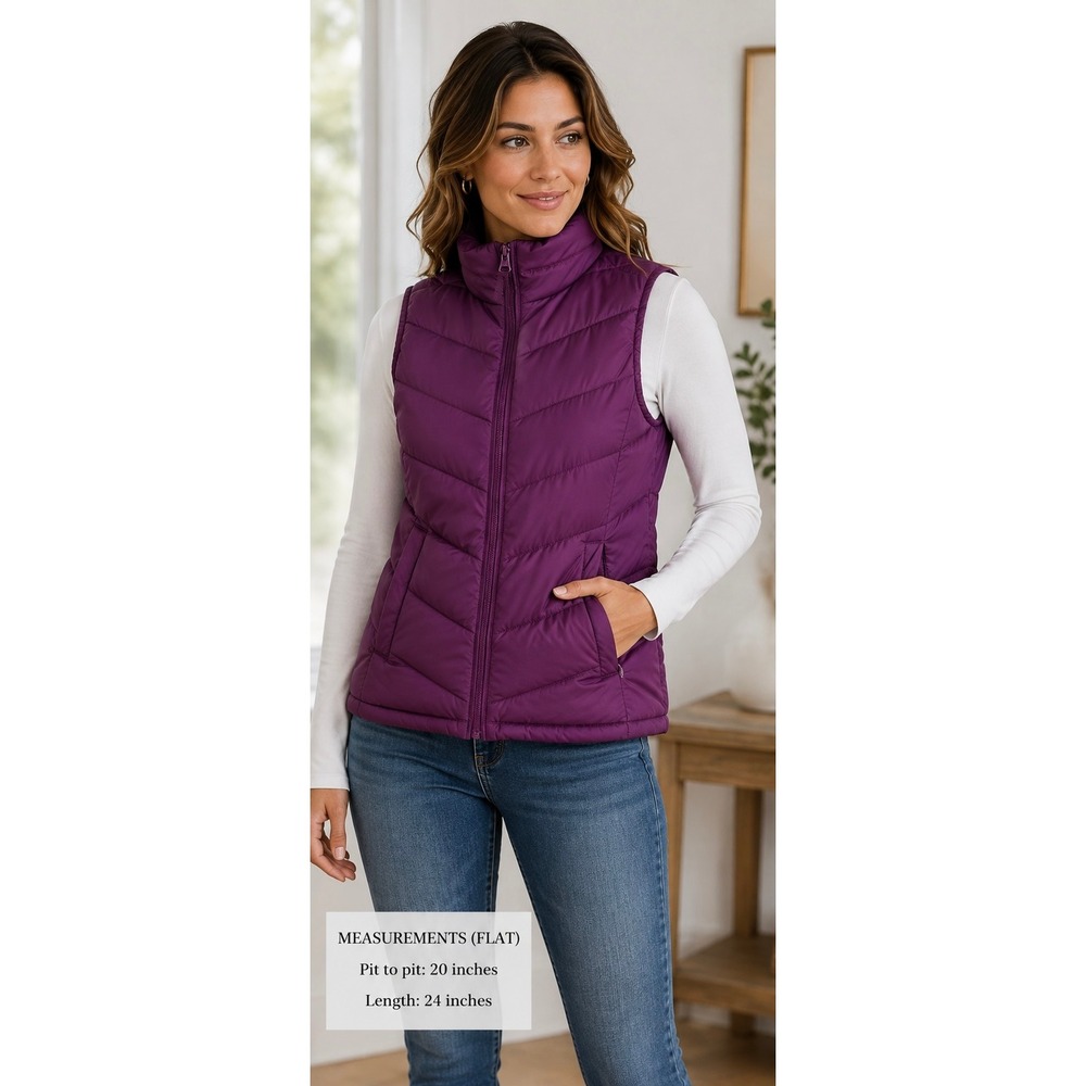 Lands End Womens Purple Down Puffer Vest Chevron Quilted Full Zip Small
